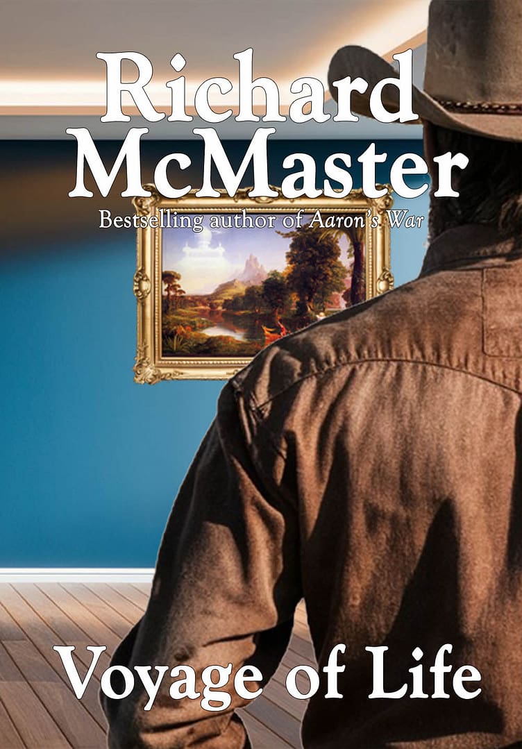 A man standing in front of an image of a painting.