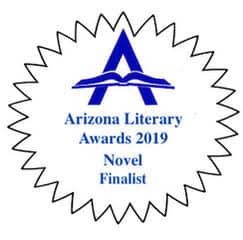 A blue and white seal with the words arizona literary awards 2 0 1 9 novel finalist.